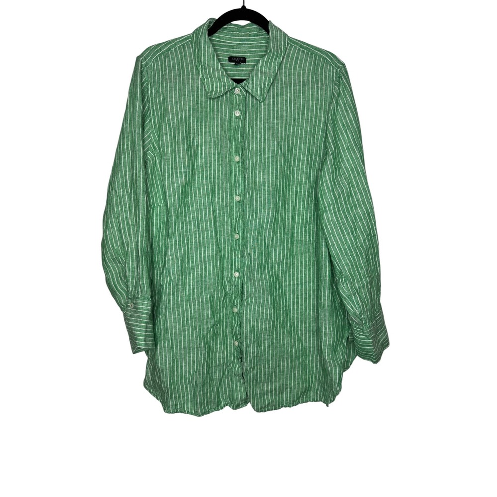 Talbots Plus Womens 2X Green White Striped 100% Linen Button Down Shirt L/S